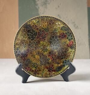 Vintage Chinese Cloisonne Enameled Brass Plate 7" Wide Footed 1990s Floral